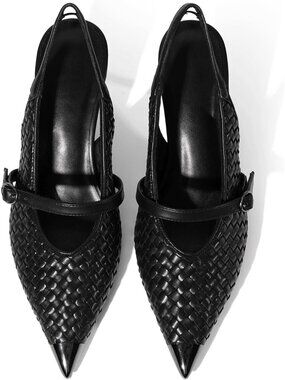 Women's Black Slingback Stiletto Heels Closed Pointed Toe Buckle Strap Shoes